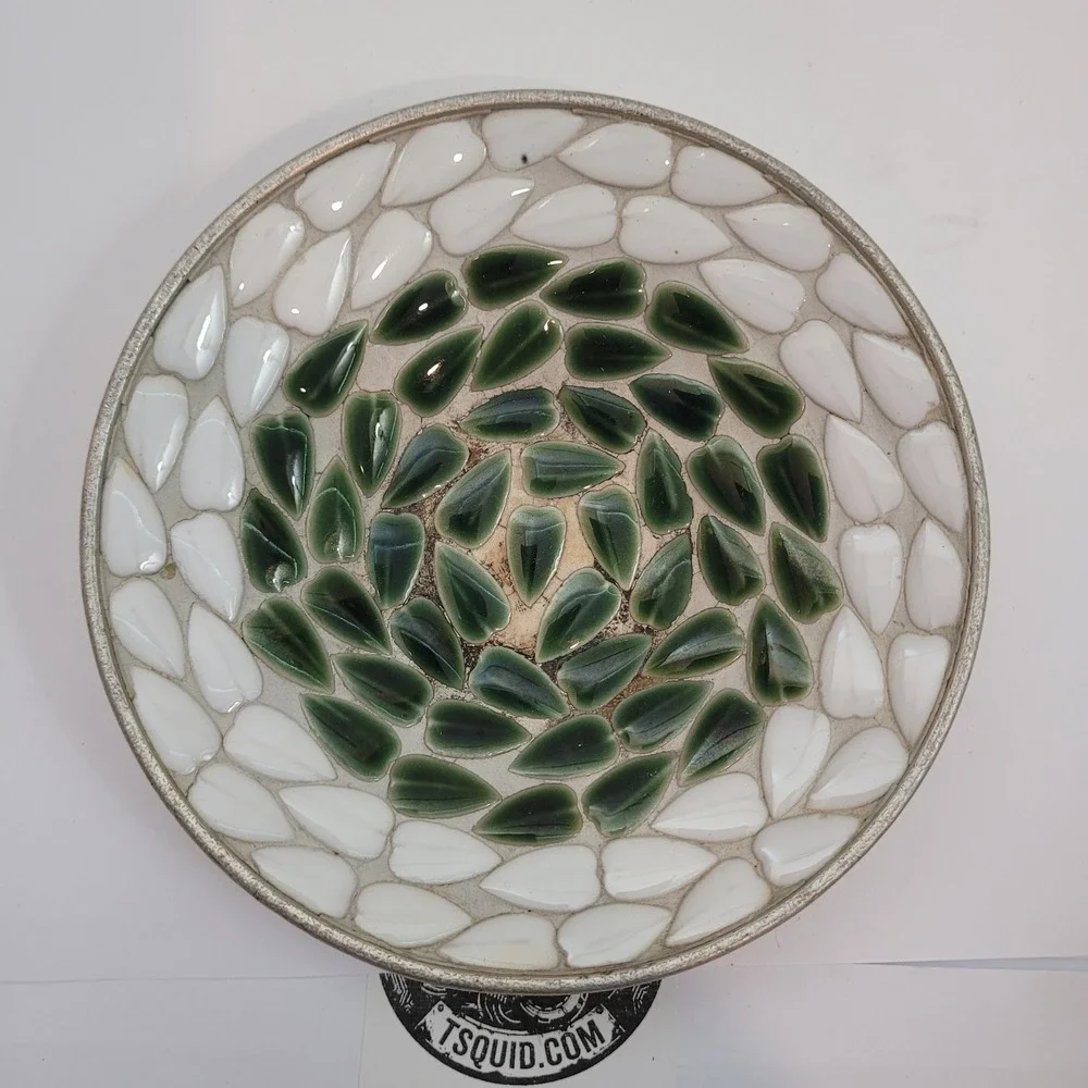 Vintage Trinket Dish Green White Mosaic Spiral Gold Tone Metal 5in Mid Century